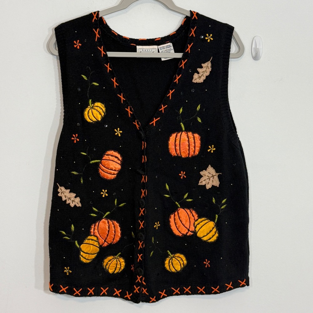 Vintage Basic Editions Women Sweater Vest XL Black Pumpkin Halloween Fall